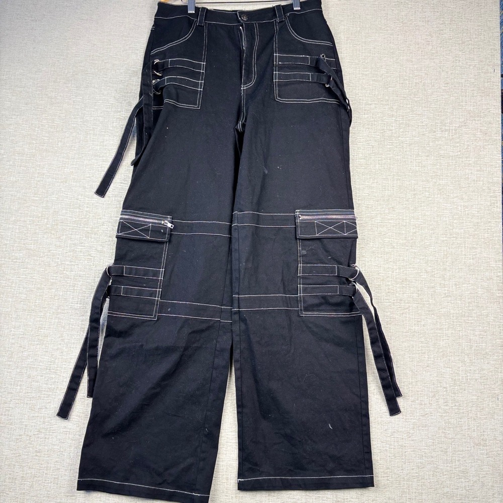 Sorella Black Contrast Stitch Cargo Pants Wide Leg Utility Techwear
